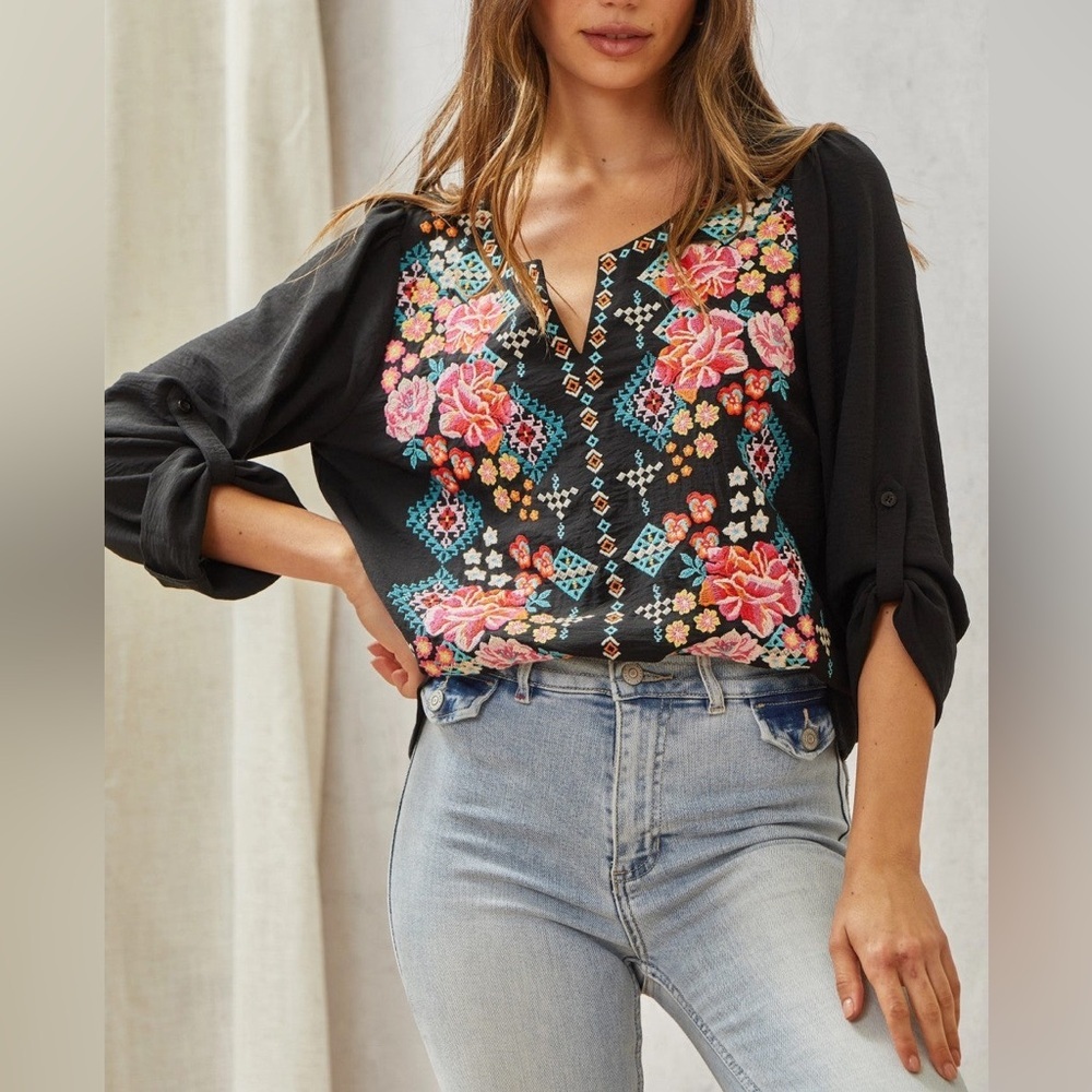 Savanna Jane Boho Embroidered Floral Blouse Black Rayon Peasant Top Size Small